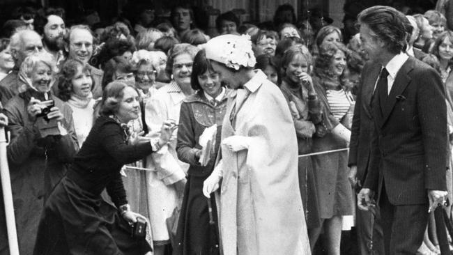 Royal visit and Silver Jubilee tour of South Australia by Queen Elizabeth II and the Duke of Edinburgh, Mar 1977. The girl on the right of The Queen is Mary Szucs.