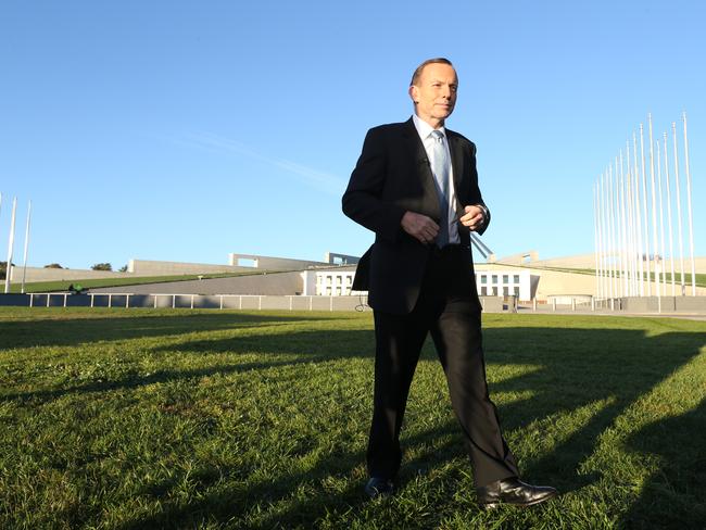 PM Tony Abbott during morning TV interviews out the front of Parliament House. Picture: Gary Ramage