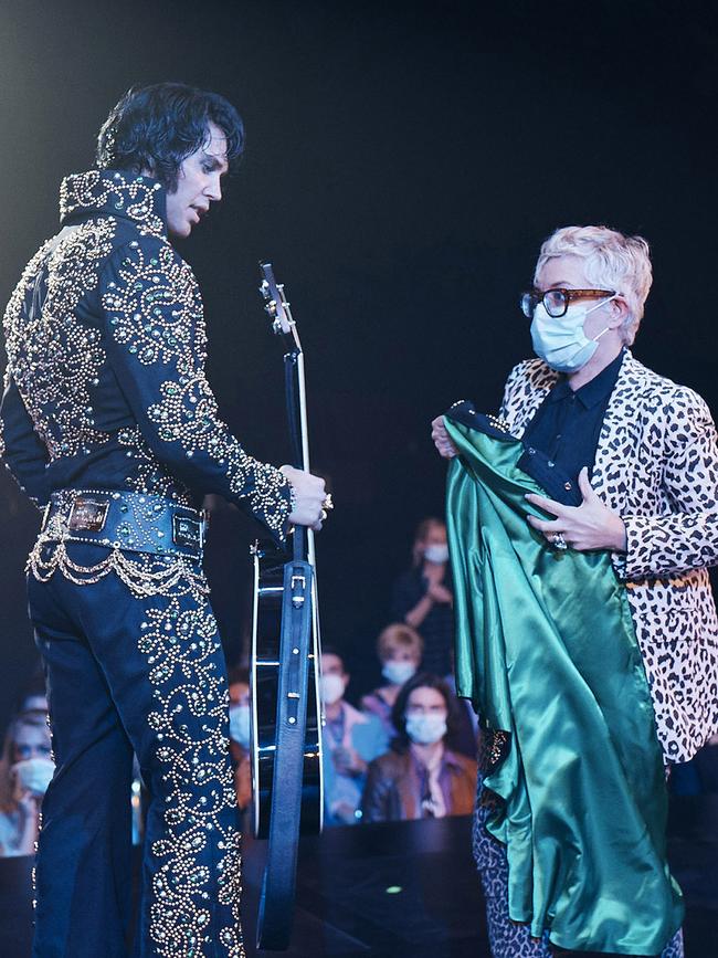 Austin Butler with Oscar award winner Catherine Martin on the set of Elvis.