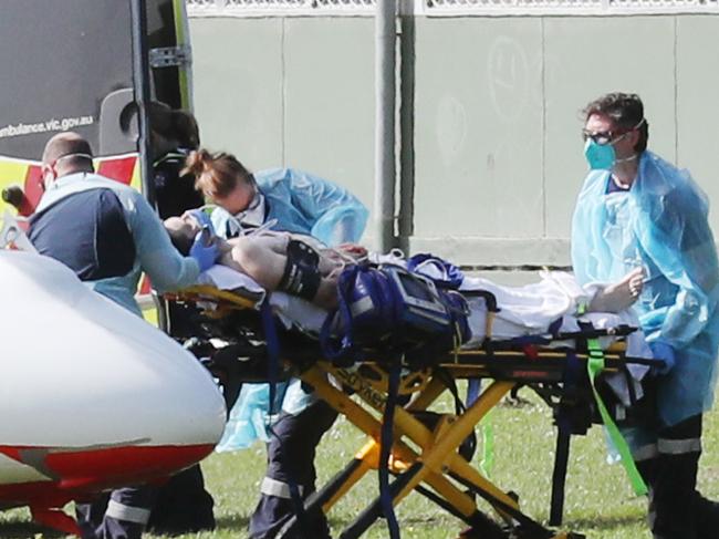 Police shooting at Lilydale. The victim is loaded into an air ambulance. Tuesday, September 15, 2020. Picture: David Crosling
