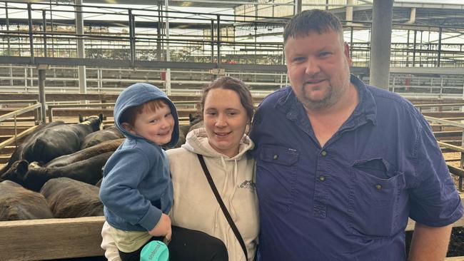 Coleraine feedlotters Grace and Tim Baulch with son Ryan (2) were buying at today's store cattle sale in Hamilton.