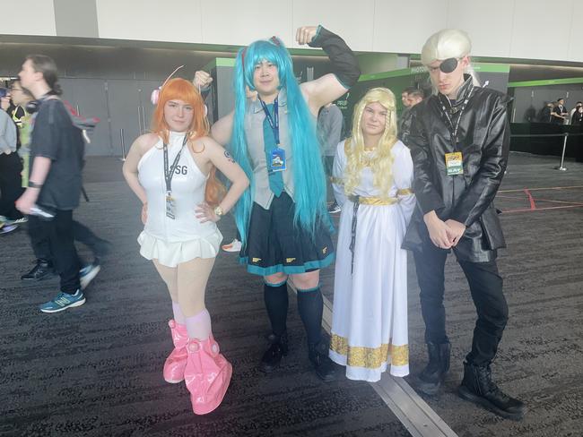 The PAX Aus Convention at the Melbourne Convention and Exhibition Centre (MCEC) on Saturday, October 12, 2024: Kirsten Maree (@kirhtbh), Benjamin Nguyen (@a_legendaryhawk), Amy Upton Stokes (@axstokess) and Charlie Van Poelvoorde (@charlie_vanp). Picture: Jack Colantuono