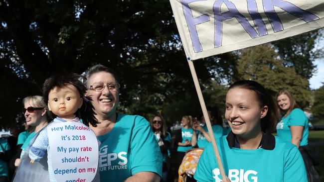 Childcare workers protesting low wages in March. Picture: Luke Bowden