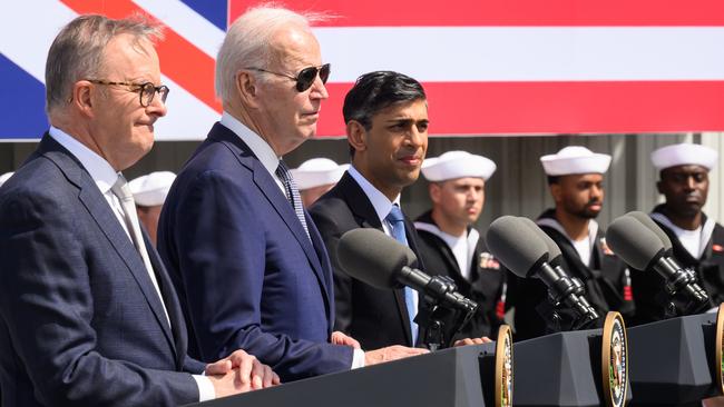 Anthony Albanese, left, Joe Biden and Rishi Sunak after a trilateral meeting during the AUKUS summit in San Diego, California, on Tuesday. Picture: Getty Images