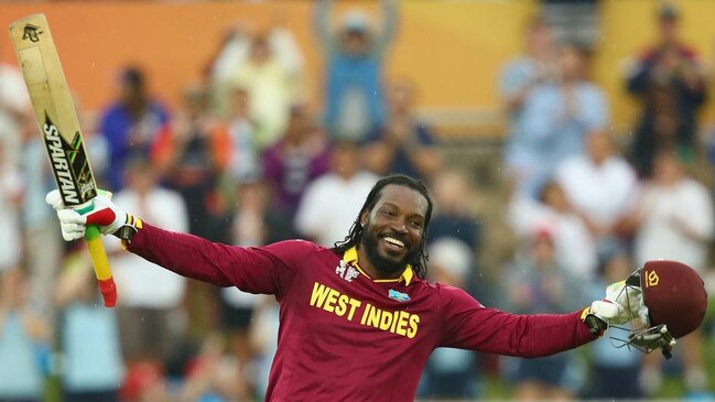 Chris Gayle celebrates his double century at Manuka Oval for the West Indies against Zimbabwe during the 2015 ICC Cricket World Cup. Picture: Getty Images