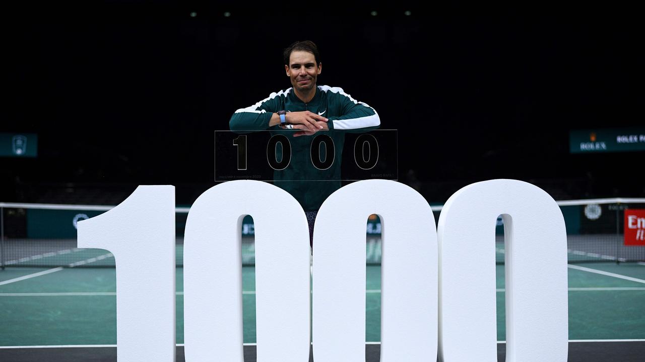 Spain's Rafael Nadal celebrates his 1000th Tour-level victory.