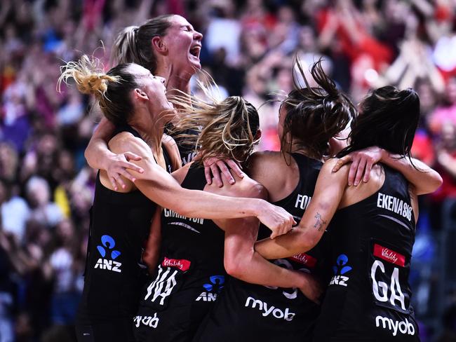 Crampton (middle) celebrates the Silver Ferns 2019 World Cup final win over Australia at Liverpool. Picture: Getty Images