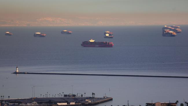 Container ships anchored close to the ports of Los Angeles and Long Beach in San Pedro, California. As of January 28, a record 38 container ships were on standby to offload cargo to the ports. Picture: AFP