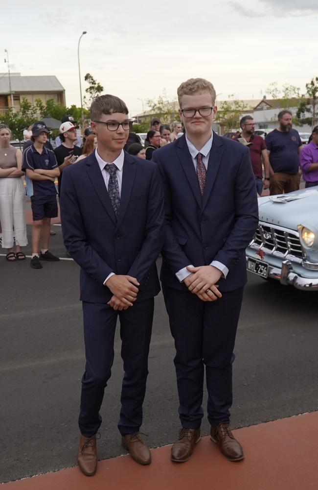 Kobe Palmer and Dillyn Oâ€™Rourke arriving at the 2023 Kingaroy State High School formal.
