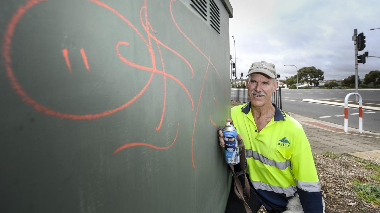 Alex Mericka has spent nearly every day of the last 26 years cleaning up graffiti around Sheidow Park. Picture: Roy VanDerVegt