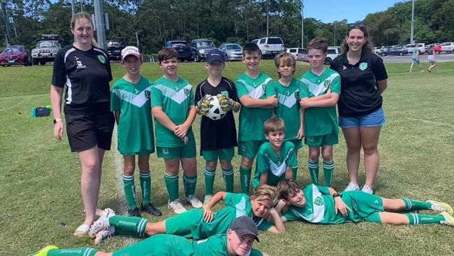 The Beerwah Glasshouse United BeeGees U11 Kangaroos (back from left) Abbie Topfer, Asher Jones, Darcy Craven, Lucas Milburn, Jackson Ingleton, Jacob Harrison, Remington Klein, Emily Gripske, (middle) Cody Anderson, (front left) Zac Armour, Harry Mosbauer and Quintin Fitzerald are the Sunshine Coast MiniRoos Team of the Week.