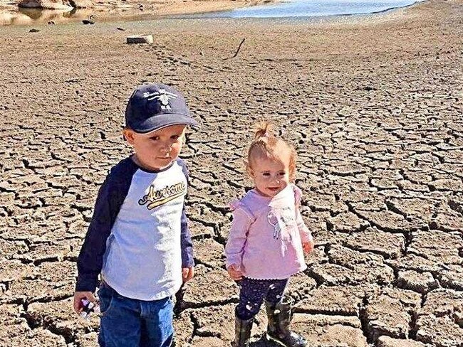 Clancy and Elsie Willett at Storm King Dam, which is getting lower every day.