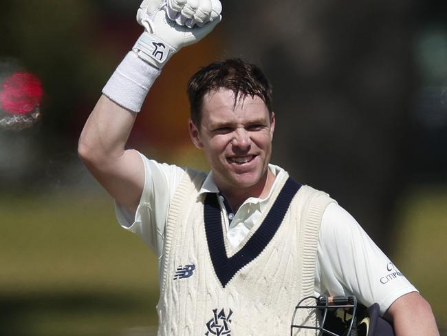 MELBOURNE, AUSTRALIA - OCTOBER 08: Marcus Harris of Victoria celebrates making a century during the Sheffield Shield match between Victoria and Tasmania at CitiPower Centre, on October 08, 2024, in Melbourne, Australia. (Photo by Daniel Pockett/Getty Images)