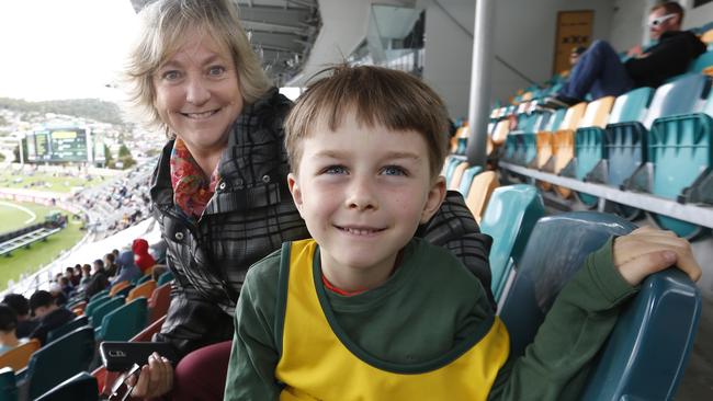 Finn Karkoszka, of Pelverata, celebrating his sixth birthday at the cricket with his grandmother Melinda Dear. Picture: KIM EISZELE