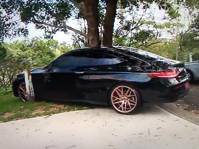 The damaged Mercedes sedan after it came to a halt in Consul Rd, Narraweena. Picture: 9News