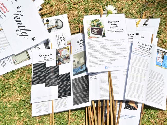 21/1/23. Protest at Glenelg. They don't go under a particular name. It was a walk through protest of placards in the grass.**They had been told by police to pack up as they needed a permit and they had when I arrived. Here are some examples of the placards that they had pegged into the grass.Picture: Keryn Stevens