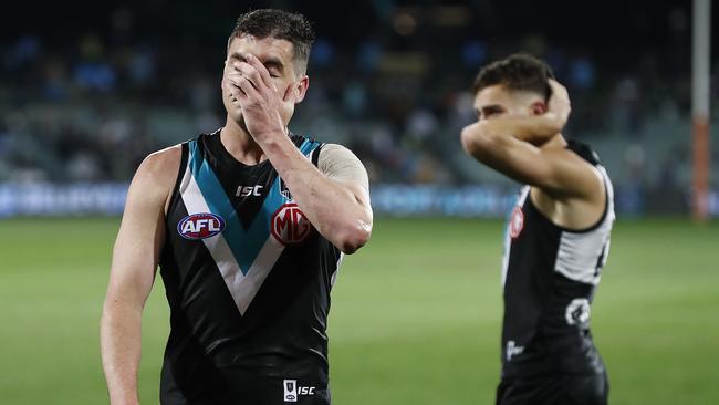 Tom Rockliff reacts to the loss after the final siren. Picture: Ryan Pierse/Getty Images