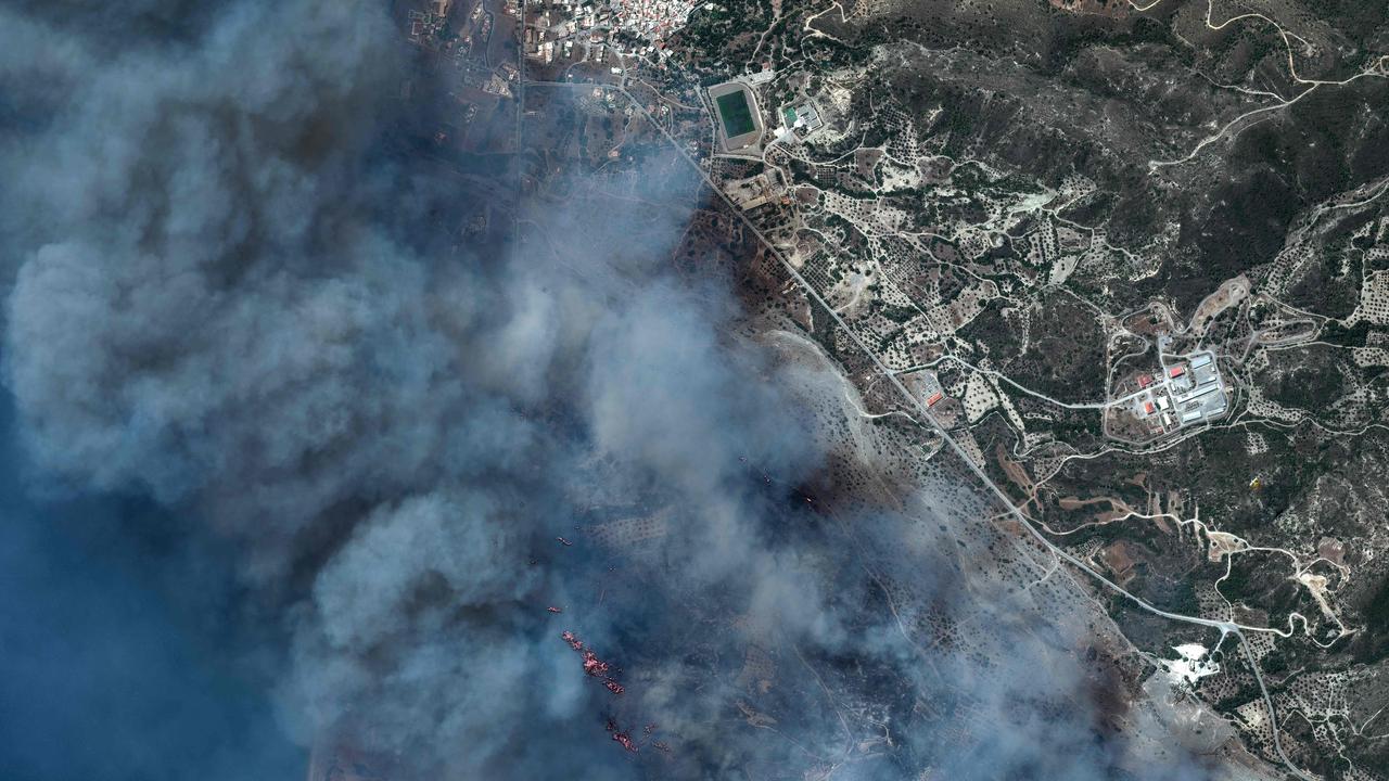 This satellite image taken by Maxar Technologies on July 24, 2023, shows a view of a fire near Gennadi on Rhodes island in Greece. Picture: AFP.