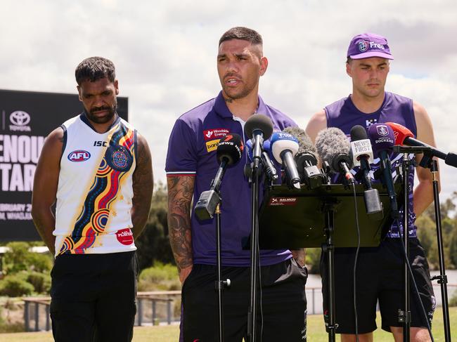 Liam Ryan in an Indigenous All Stars jumper, Michael Walters &amp; Jordan Clark at Tuesday’s announcement in Perth. Picture: Getty Images