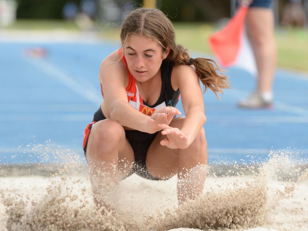 South Coast Little Athletics Titles at Pizzey Park in Miami. Girls U15 triple jump contestants. Grace Denny from Tweed Lac. Picture: Lawrence Pinder