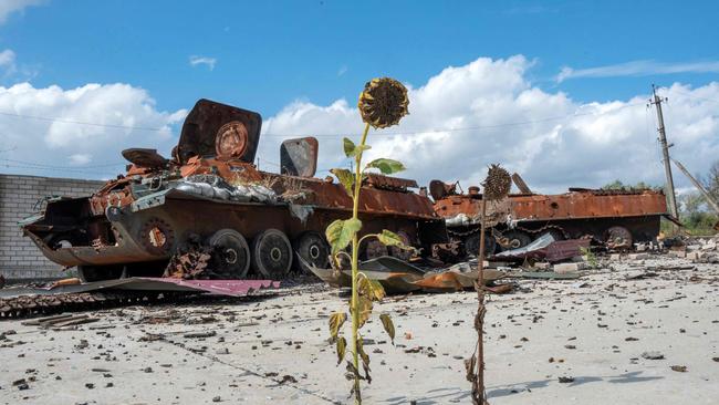 Destroyed military vehicles and equipment are seen in the village of Husarivka, not far from the city of Balakliya, Kharkiv region. Picture: AFP