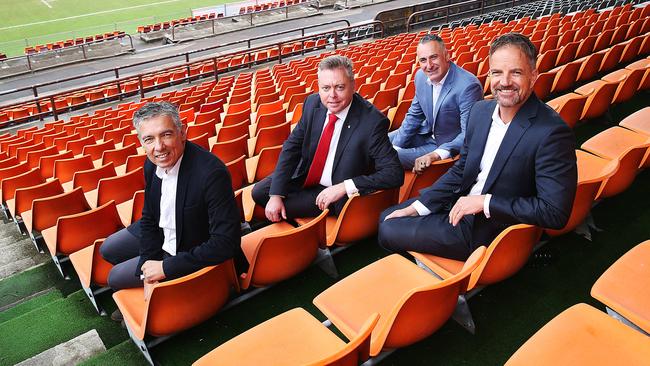 City of Canada Bay Mayor Angelo Tsirekas, State Planing Minister Anthony Roberts, Drummoyne State Liberal MP John Sidoti and Wests Tigers CEO Justin Pascoe at Concord Oval. Photo: Danny Aarons.