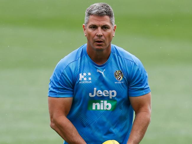 ADELAIDE, AUSTRALIA - OCTOBER 15: Adam Kingsley, Midfield/Stoppage Coach of the Tigers looks on during the Richmond Tigers AFL training session at Adelaide Oval on October 15, 2020 in Adelaide, Australia. (Photo by Michael Willson/AFL Photos via Getty Images)