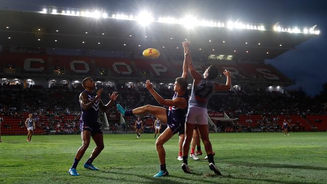 Port Adelaide and Fremantle clash during the first AFLX series at Hindmarsh Stadium on Thursday. Picture: Michael Willson/AFL Media/Getty Images)