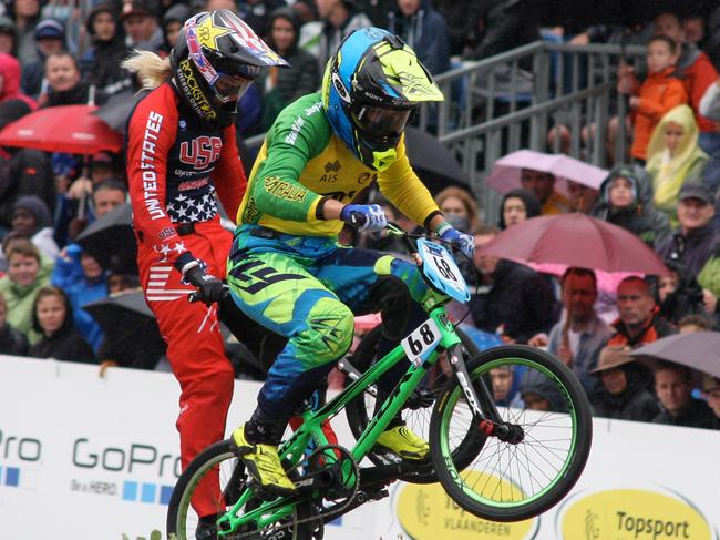 Caroline Buchanan leads the elite women’s semi-final at the BMX World Championships in Zolder, Belgium overnight. Nico van Dartel.