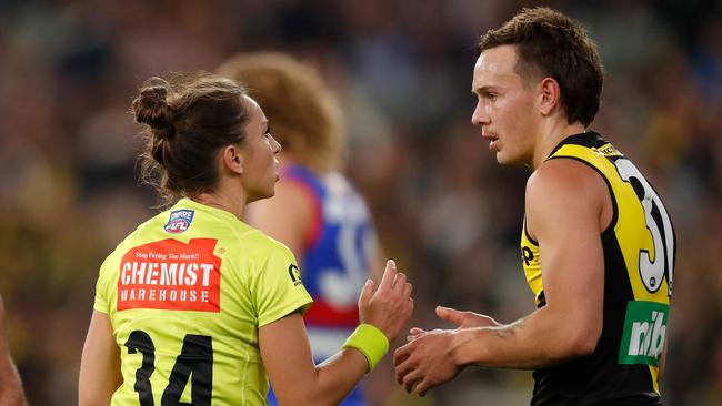 Glouftsis was rushed into the game in the first quarter. Picture: Michael Willson/AFL Photos/Getty Images