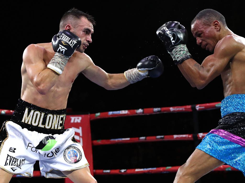 Andrew Moloney (L) went shot for shot on the table tennis table with Terence Crawford. Picture: Kelly Defina/Getty Images