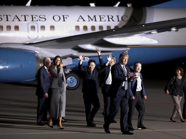 Donald and Melania Trump and Vice president Mike pence welcome the men back to America. Picture: AP/Alex Brandon