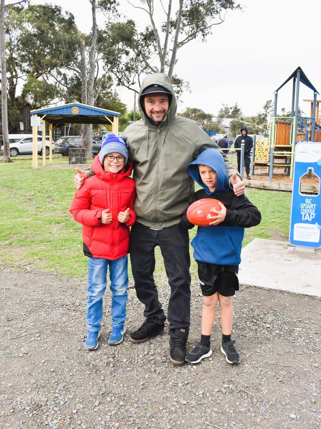 West Gippsland league grand final match 2024 — Phillip Island Bulldogs V Nar Nar Goon "The Goon" Football Club at Garfield Recreation Reserve on September 14, 2024: Owen, Jay Tickell, Tazz. Picture: Jack Colantuono