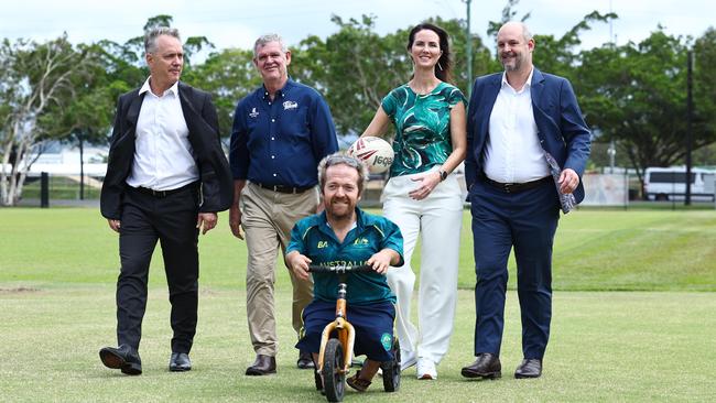 North Queensland Cowboys chairman Lewis Ramsay, Northern Pride chairman Terry Medhurst, Cairns Mayor Amy Eden, Cowboys chief executive Jeff Reibel and paralympian Grant "Scooter" Patterson walk onto the grounds at Little Barlow Park. Picture: Brendan Radke