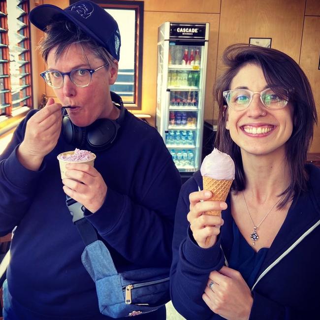 Hannah Gadsby with her wife Jenney Shamash at the Van Diemens Land Creamery punt. Photo: Instagram