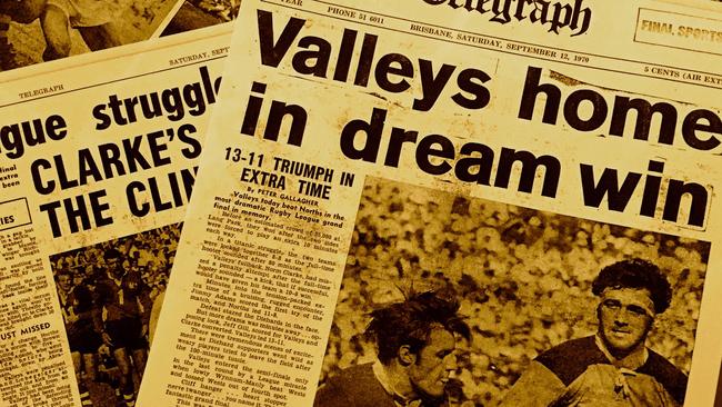 Newspaper reporting Norm Clarke’s goalkicking, left, and a famous win, above.