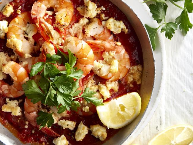 EMBARGO FOR TWAM, 02 NOVEMBER 2024. FEE MAY APPLY. Mediterranean Prawn Saganaki. My Mediterranean Life by Sarah Di Lorenzo, Simon & Schuster, $49.99. Photography: Scott Ehler