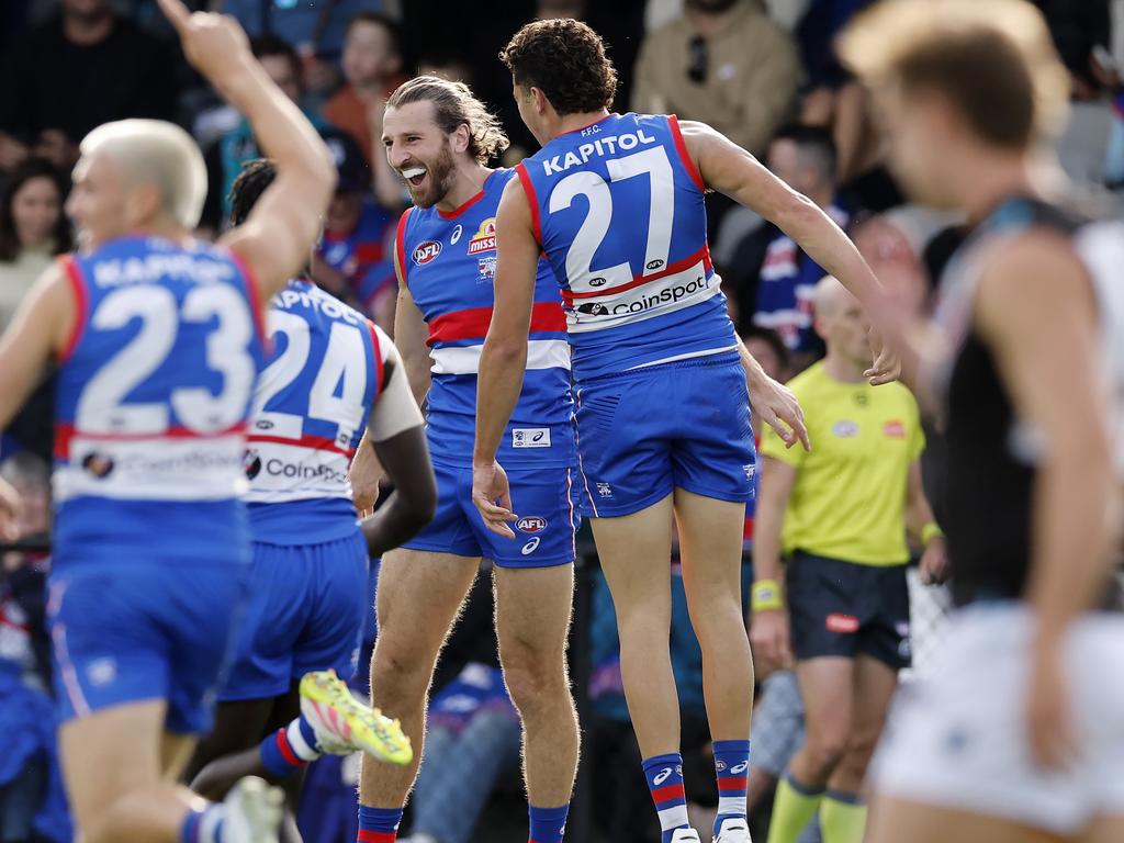 The Bulldogs celebrate a Marcus Bontempelli goal. Picture: Michael Klein