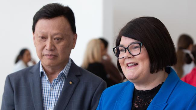 Tourism Minister Zoe Bettison and SA-Vietnam Business Council President Francis Wong OAM at a press conference announcing VietJet Air’s new route from Ho Chi Minh City to Adelaide. Picture: Brett Hartwig.