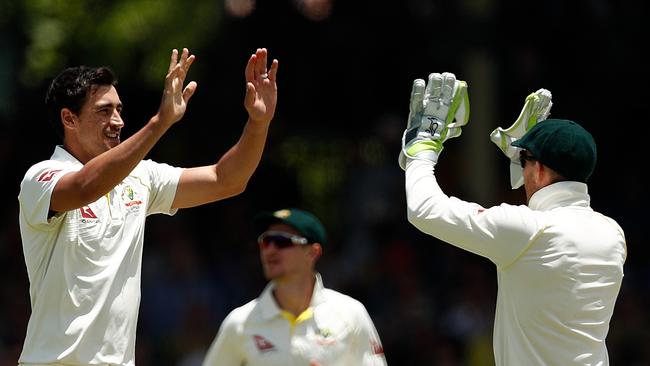 PERTH, AUSTRALIA - DECEMBER 15: Mitchell Starc of Australia celebrates the wicket of Jonny Bairstow of England during day two of the Third Test match during the 2017/18 Ashes Series between Australia and England at WACA on December 15, 2017 in Perth, Australia.  (Photo by Paul Kane/Getty Images)