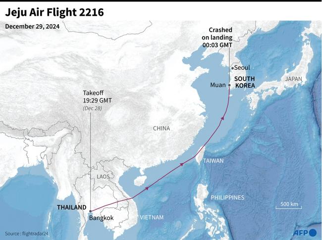 Map showing the flight path of Jeju Air Flight 2216 before it crashed on landing at Muan International Airport, South Korea, on December 29