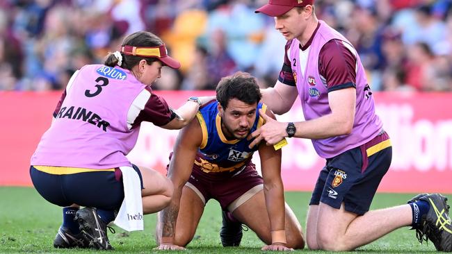 Callum Ah Chee was concussed after the high bump from Patrick Cripps and will miss a week. Picture: Getty Images