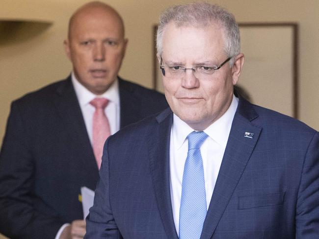 Prime Minister Scott Morrison with the Home Affairs Minister Peter Dutton during a press conference discussing the federal government's new cyber security plans. Picture: NCA NewsWire /Gary Ramage