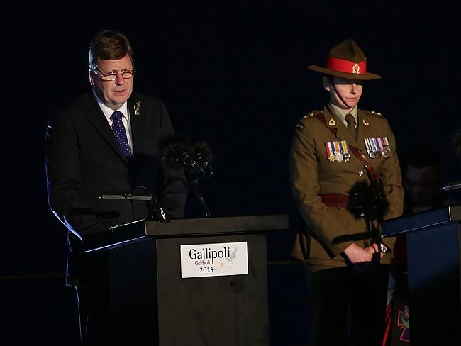 Sacrifice remembered .... Senator Michael Ronaldson addressing the crowd at the Anzac Day dawn service at Anzac Cove in Gallipoli. Picture: Ella Pellegrini