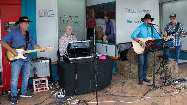 Alain Blowers, Bob Wahrlich. Darrell Pearce, and Doug Mather play on Mary St as part of Buskers on Mary in Gympie. August 18, 2023. Picture: Christine Schindler