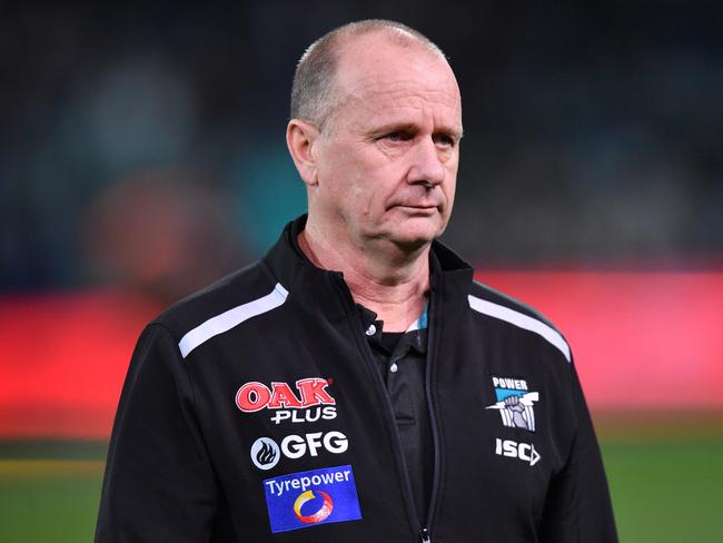 Ken Hinkley the coach of the Power during the Round 23 AFL match between the Port Adelaide Power and the Fremantle Dockers at the Adelaide Oval in Adelaide, Sunday, August 25, 2019.  (AAP Image/David Mariuz) NO ARCHIVING, EDITORIAL USE ONLY