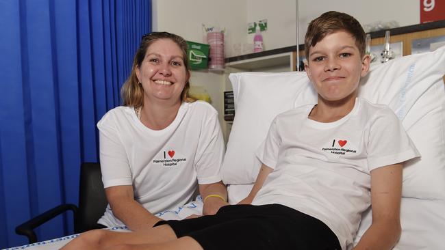 Sonia DeVries and Zar Lynch (12), a Taminmin High School student, at the new Palmerston Regional Hospital after he was bitten by a dog. Picture: Keri Megelus