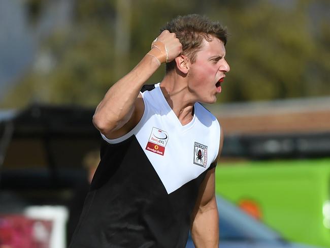 Daniel Jordan of Ringwood reacts after a goal during the EFL match at Scoresby Recreation Reserve in Melbourne, Saturday, July 28, 2018. EFL (Division 3): Scoresby v Ringwood. (AAP Image/James Ross) NO ARCHIVING