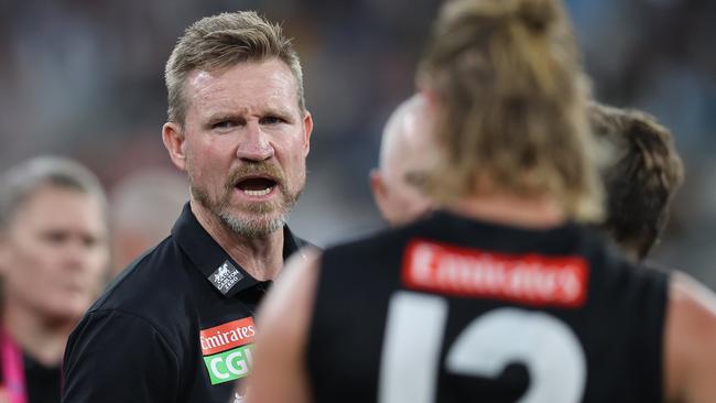 Nathan Buckley addresses his players at three-quarter time. Picture: Michael Klein