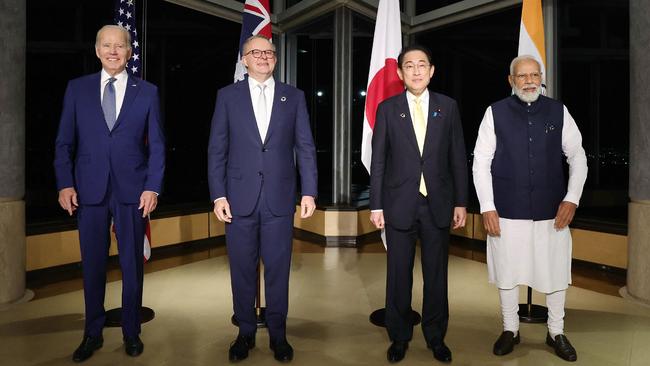 Joe Biden, Anthony Albanese, Fumio Kishida and Narendra Modi pose for a photo as they hold a Quad meeting on the sidelines of the G7 Summit Leaders' Meeting. Picture: AFP